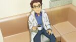  1boy belt belt_buckle blue_shirt brown-framed_eyewear brown_hair buckle cerise_(pokemon) closed_mouth coffee collared_shirt commentary_request couch cup glasses green_eyes grey_belt grey_pants hand_on_own_thigh highres holding holding_cup indoors labcoat long_sleeves looking_up male_focus matsuno_opa mug notice_lines pants pokemon pokemon_(anime) pokemon_swsh_(anime) semi-rimless_eyewear shirt short_hair sitting smile solo 