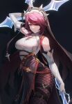  1girl absurdres breasts elbow_gloves fishnet_legwear fishnets genshin_impact gloves habit hair_over_one_eye highres holding holding_polearm holding_weapon ice large_breasts looking_at_viewer nun polearm red_eyes rosaria_(genshin_impact) solo weapon white_gloves yepo 