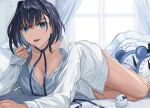  1girl bangs barefoot bed_sheet blue_eyes blue_ribbon boros_(ouro_kronii) bow bow_earrings breasts cleavage clock collared_shirt curtains dark_blue_hair earrings elbow_rest eyebrows_visible_through_hair fangs highres hololive hololive_english jewelry large_breasts legs looking_at_viewer lying multicolored_hair neck_ribbon nibiiro_(deep_4242) no_pants on_side ouro_kronii pillow purple_hair ribbon shirt short_hair streaked_hair thighs virtual_youtuber white_shirt window 