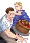  2boys albert_wesker black_pants blonde_hair blue_eyes blue_shirt blush brown_hair brown_pants cake chris_redfield collared_shirt food holding holding_tray looking_at_another male_focus multiple_boys open_mouth pants parted_lips resident_evil resident_evil_1 shirt short_hair tray white_shirt you_mama_n 