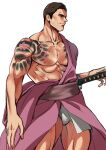  1boy abs absurdres arm_tattoo bara beniazumaru black_hair chest_tattoo chris_redfield closed_mouth facial_hair fundoshi highres japanese_clothes katana kimono large_pectorals male_focus muscular muscular_male nipples official_alternate_costume pectorals pink_kimono resident_evil resident_evil_6 sheath sheathed short_hair sideburns solo stubble sword tattoo thighs weapon 