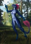  2022 4_fingers anthro areola breasts day detailed_background digital_media_(artwork) dinosaur female fingers forest genitals grass hi_res nipples non-mammal_breasts nude outside plant pussy reptile scalie silgiriya_mantsugosi tree 