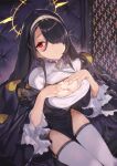  1girl bangs black_hair black_headwear blue_archive blush breasts cleavage closed_mouth from_above hair_over_one_eye halo hinata_(blue_archive) large_breasts long_hair long_sleeves looking_at_viewer nun ohland one_eye_covered red_eyes sitting solo thighhighs thighs white_legwear 