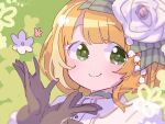  1girl bangs blonde_hair blunt_bangs blush brown_gloves buttons choker collared_shirt eyebrows_visible_through_hair floral_background flower gloves green_background green_choker green_ribbon hair_flower hair_ornament hands_up haruna_konomi headband lily_of_the_valley looking_at_viewer looking_to_the_side magia_record:_mahou_shoujo_madoka_magica_gaiden magical_girl mahou_shoujo_madoka_magica multicolored_hair orange_hair paru_rari peony_(flower) portrait ribbon shirt short_hair signature simple_background smile solo streaked_hair striped striped_ribbon swept_bangs twitter_username two-tone_hair white_shirt 