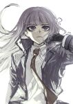  1girl absurdres bangs black_gloves brown_necktie closed_mouth collared_shirt danganronpa:_trigger_happy_havoc danganronpa_(series) floating_hair gloves hair_ribbon hand_up harari highres jacket kirigiri_kyouko long_hair long_sleeves necktie open_clothes open_jacket purple_eyes purple_hair ribbon shirt simple_background solo upper_body white_background white_shirt 