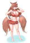 1girl :o animal_ears bangs barefoot bikini blush breasts brown_hair cleavage collarbone commentary commentary_request daiwa_scarlet_(umamusume) full_body hair_intakes hair_ornament hand_on_hip hand_up highres horse_ears horse_girl horse_tail large_breasts long_hair looking_at_viewer navel open_mouth oza_osuwari purple_eyes red_bikini standing swimsuit tail thighs twintails umamusume white_background 