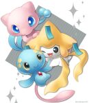  ;d blue_eyes bright_pupils closed_mouth commentary_request happy highres jirachi manaphy mew no_humans one_eye_closed open_mouth pokemon pokemon_(creature) sasabunecafe smile sparkle tongue twitter_username white_background 