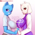  anthro big_breasts blue_body blue_fur boss_monster bovid breasts caprine cartoon_network clothed clothing domestic_cat duo felid feline felis female female/female fur hi_res horn mammal mature_anthro mature_female nicole_watterson rainven the_amazing_world_of_gumball toriel undertale undertale_(series) video_games white_body white_fur 