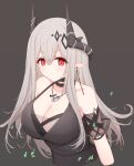  1girl :&lt; arknights black_shirt breasts cleavage cropped_arms cropped_torso demon_horns ear_piercing eyebrows_visible_through_hair grey_background grey_hair hair_between_eyes highres horns jewelry large_breasts light_blush long_hair mudrock_(arknights) mudrock_(obsidian)_(arknights) necklace official_alternate_costume piercing pointy_ears red_eyes risshu shirt simple_background solo spaghetti_strap upper_body 