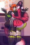  2022 5_fingers anthro antlers balls breasts cervid clothed clothing detailed_background digital_media_(artwork) duo eyebrows eyelashes female fingers genitals hair hi_res horn knight_dd male male/female mammal nipples orange_hair penis smile 