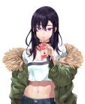  1girl bangs black_hair braid choker crop_top drinking_straw_in_mouth hair_between_eyes highres ichinose_uruha jacket jacket_on_shoulders juice_box long_hair looking_at_viewer lupinus_virtual_games midriff purple_eyes shirt solo uso_ashio virtual_youtuber vspo! white_shirt 