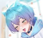  1boy animal_ears artist_request blue_hair cat_ears green_eyes hood hoodie indie_virtual_youtuber linechu lowres multicolored_hair purple_hair short_hair tongue tongue_out two-tone_hair yaoi 