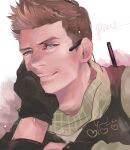  1boy black_gloves brown_hair character_name closed_mouth gloves green_shirt headset looking_at_viewer male_focus piers_nivans resident_evil resident_evil_6 scarf shirt short_hair smile solo spiked_hair upper_body yumi_(soak1111) 