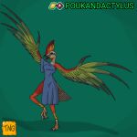  anthro avian bird bottomwear clothing dress female happy hi_res hybrid poukandactylus skirt solo the_nameless_guy 