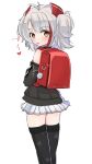  1girl :p antenna_hair azur_lane backpack bag bag_charm bangs brown_eyes charm_(object) commentary_request cross detached_sleeves eyebrows_visible_through_hair from_behind grey_hair hair_between_eyes head_tilt highres iron_cross little_prinz_eugen_(azur_lane) long_hair looking_at_viewer looking_back multicolored_hair oruk pleated_skirt randoseru sidelocks skirt solo tongue tongue_out translation_request two-tone_hair 