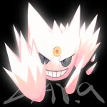  alternate_color animal_focus black_background black_eyes colored_sclera commentary english_commentary english_text forehead_jewel full_body gengar grey_sclera grin happy highres looking_at_viewer mega_gengar mega_pokemon no_humans pokemon pokemon_(creature) shiny_pokemon simple_background smile solo spikes teeth yug_(pixiv_50208056) 