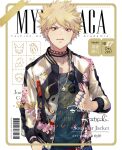  1boy artist_name background_text bakugou_katsuki barcode blonde_hair boku_no_hero_academia border bracelet brass_knuckles character_name cherry_blossoms collar copyright_name cover earrings ekita_kuro english_text eyebrows_visible_through_hair fashion floral_print foreground_text hand_in_pocket jewelry looking_at_viewer magazine_cover male_focus necklace red_eyes solo spiked_collar spiked_hair spikes sunglasses weapon white_background yellow_border 