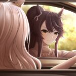  2girls absurdres animal_ears biwa_hayahide_(umamusume) brown_eyes brown_hair car closed_mouth furious_7 ground_vehicle high_ponytail highres horse_ears horse_girl long_hair motor_vehicle multiple_girls narita_brian_(umamusume) parody smile sonicxeon the_fast_and_the_furious umamusume white_hair 