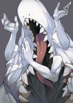  1other black_eyes commentary extra_arms grey_background highres koroguchi long_tongue monster original own_hands_clasped own_hands_together pale_skin sharp_teeth signature simple_background solo teeth tongue 