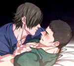  2boys bangs bara bed black_hair blue_shirt blush castella chris_redfield closed_eyes collared_shirt facial_hair green_shirt large_pectorals leon_s._kennedy lying male_focus multiple_boys muscular muscular_male on_back on_bed parted_lips pectorals resident_evil resident_evil_6 shirt short_hair stubble yaoi 