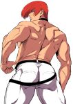  1boy absurdres ass back bangs bara belt beniazumaru black_belt black_choker choker closed_mouth highres large_pectorals looking_back male_focus muscular muscular_male pants pectorals red_eyes red_hair short_hair solo the_king_of_fighters topless_male white_pants yagami_iori 