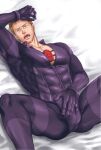 1boy bara bed black_bodysuit bodysuit brown_hair bulge chris_redfield facial_hair large_pectorals looking_at_viewer lying male_focus muscular muscular_male on_back on_bed open_mouth partially_unzipped pectorals red_eyes resident_evil resident_evil_5 short_hair solo spread_legs stubble thick_thighs thighs you_mama_n zipper zipper_pull_tab 