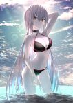  1girl ahoge arm_behind_head arm_up backlighting bangs bare_shoulders bikini black_bikini blue_sky breasts choker cleavage fate/grand_order fate_(series) grey_hair highres jeanne_d&#039;arc_alter_(fate) jeanne_d&#039;arc_alter_(swimsuit_berserker)_(fate) kaze_minoru_so-ru large_breasts long_hair looking_at_viewer navel o-ring o-ring_bikini ocean sky solo swimsuit thighs very_long_hair wading wet yellow_eyes 