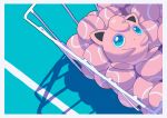  absurdres ball basket blue_eyes border closed_mouth commentary_request from_above highres jigglypuff lying no_humans on_back pokemon pokemon_(creature) saiku_(zvlku) shadow solo tennis_ball white_border 