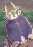  anthro black_sclera canid canine canis clothing embarrassed erection fur genitals gift_bow green_eyes jackal jacket lifewonders male mammal penis presenting presenting_penis reizohozon ribbons seth_(tas) solo striped_body striped_fur stripes thong tokyo_afterschool_summoners topwear underwear video_games 