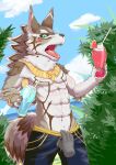  abs anthro beverage blush bottomwear canid canine canis clothing disembodied_hand duo fur hi_res jackal jewelry lifewonders male mammal necklace nude outside reizohozon seth_(tas) shorts solo striped_body striped_fur stripes surprise swimwear tokyo_afterschool_summoners undressing_another video_games 