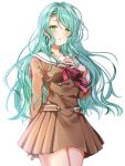  1girl aqua_hair arm_behind_back bang_dream! bangs breasts brown_dress buttons cowboy_shot double-breasted dress fingernails green_eyes hair_between_eyes hanasakigawa_school_uniform hand_on_own_chest hand_up hikawa_sayo light_blush long_hair long_sleeves looking_at_viewer medium_breasts neck_ribbon parted_lips pleated_dress red_ribbon ribbon roko_(pe0e07) sailor_collar school_uniform serafuku short_dress sidelocks simple_background solo standing swept_bangs wavy_hair white_background white_sailor_collar 