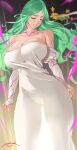  1girl bangs bare_shoulders blush breasts cleavage clenched_teeth closed_eyes collarbone dress fire_emblem fire_emblem:_three_houses green_hair highres huge_breasts long_hair parted_bangs rhea_(fire_emblem) sendrawz solo teeth white_dress 