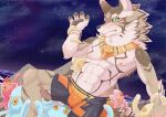  anthro black_sclera bottomwear canid canine canis clothing fur goo_creature green_eyes jackal lifewonders male mammal night reizohozon seth_(tas) shorts sky star starry_sky striped_body striped_fur stripes swimwear tentacles tokyo_afterschool_summoners video_games 