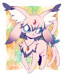  3_fingers 3_toes ambiguous_gender black_nose blue_eyes eeveelution espeon extyrannomon_(artist) feet feral fingers fluffy_cheeks fur gem hi_res inner_ear_fluff jewelry necklace nintendo pink_body pink_fur pok&eacute;mon pok&eacute;mon_(species) simple_background smile solo toes tuft video_games 