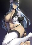  1boy 1girl akame_ga_kill! assertive_female blue_eyes blue_hair blush boots breasts chest_tattoo choker cleavage commission esdeath eyebrows_visible_through_hair femdom hair_between_eyes hat highres large_breasts long_hair long_sleeves looking_down military military_uniform no_bra open_mouth packge peaked_cap sadism smile solo_focus tattoo thigh_boots thighhighs uniform 
