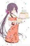  1girl absurdres aka_ringo akebono_(kancolle) anniversary bell cake confetti cowboy_shot floral_print flower food hair_bell hair_flower hair_ornament highres jingle_bell kantai_collection long_hair looking_at_viewer official_alternate_costume pink_skirt purple_eyes purple_hair shirt side_ponytail skirt solo very_long_hair white_background white_shirt 