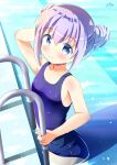  1girl alternate_hairstyle commentary_request cowboy_shot double_bun gochuumon_wa_usagi_desu_ka? highres inakami kafuu_chino light_blue_hair long_hair pool pool_ladder school_swimsuit smile solo swimsuit water 