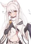  ! 1girl animal_ear_fluff animal_ears arknights brown_eyes clothes_pull embarrassed highres holding horse_ears horse_girl matchadzuke midriff navel platinum_(arknights) ticket white_background white_hair 