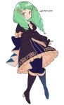  1girl black_dress black_footwear black_legwear blush boots closed_mouth curly_hair do_m_kaeru dress drill_hair eyebrows_visible_through_hair fire_emblem fire_emblem:_three_houses flayn_(fire_emblem) full_body garreg_mach_monastery_uniform green_eyes green_hair hair_ornament long_hair long_sleeves looking_at_viewer pantyhose simple_background smile solo twin_drills twitter_username uniform white_background 