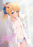  1girl animal_ears avatar_(ff14) blonde_hair blue_eyes blue_panties bow breasts cat_ears cat_tail commission dress_shirt final_fantasy final_fantasy_xiv hair_bow long_hair long_sleeves looking_at_viewer medium_breasts miso_(misomiso_154) no_pants open_clothes open_shirt oversized_clothes panties see-through_silhouette shirt skeb_commission sleeves_past_fingers sleeves_past_wrists smile tail underwear 