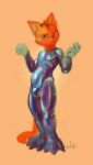  anthro biped black_suit bulge cheek_tuft clothing colored_sketch domestic_cat facial_tuft felid feline felis front_view fur hi_res looking_at_viewer male mammal narrowed_eyes orange_body orange_ears orange_fur orange_tail oselotti oselotti_(character) rubber rubber_clothing rubber_suit signature simple_background sketch solo standing tuft 