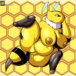  anthro arthropod bee bee_stinger belly big_breasts breasts brown_nipples cel_shading female fours_(artist) genitals hi_res holding_leg hymenopteran insect meredith_(thespanker) mouthless nipples pussy shaded short_stack slightly_chubby solo yellow_body yellow_skin 