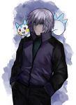  1boy black_eyes black_pants closed_mouth green_shirt grey_hair hands_in_pockets jacket long_sleeves looking_at_viewer male_focus on_shoulder pachirisu pants pokemon pokemon_(creature) pokemon_on_shoulder sanpaku shirt zakirsiz 