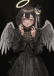  1girl :o absurdres angel_wings black_background black_dress blush brown_hair dress fallen_angel feathered_wings flower frilled_dress frills grey_wings hair_flower hair_ornament halo hands_up highres long_sleeves nadegata original puffy_long_sleeves puffy_sleeves purple_eyes simple_background solo symmetry wings 