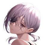  1girl chainsaw_man closed_mouth eyepatch from_behind grey_hair highres looking_at_viewer looking_back ponytail portrait purple_eyes quanxi_(chainsaw_man) simple_background solo ulrich_(tagaragakuin) white_background 