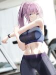  1girl bangs black_legwear blush breasts eyebrows_visible_through_hair gym highres keenh large_breasts long_hair looking_at_viewer midriff navel original pants pink_eyes pink_hair ponytail solo sports_bra sportswear stretch sweatpants watch 