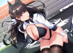  1girl animal_ears atago_(azur_lane) azur_lane bikini black_bikini breasts brown_hair brown_legwear hair_ribbon huge_breasts kagiyama_(clave) long_hair looking_at_viewer ribbon solo swimsuit thighhighs white_ribbon yellow_eyes 