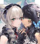  2girls animal_ears aqua_eyes avatar_(ff14) bangs black_gloves black_hair blonde_hair bow_hairband bug butterfly cat_ears drill_hair facial_mark facial_tattoo final_fantasy final_fantasy_xiv flower gloves green_eyes hair_flower hair_ornament hairband heterochromia holding_hands interlocked_fingers long_hair looking_at_viewer miqo&#039;te multiple_girls nevakuma_(fanfanas) portrait ringlets slit_pupils swept_bangs tattoo 