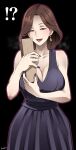  !? artist_name bangs bare_shoulders black_background box breasts brown_hair butcha-u cleavage dress earrings gift gift_box highres jewelry kindaichi_shounen_no_jikenbo large_breasts looking_at_viewer medium_hair mother&#039;s_day parted_bangs purple_dress purple_eyes purple_nails smile solo standing 