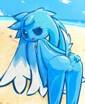  &lt;3 anthro beach bent_over blue_body blue_eyes blue_fur blush female fumufumu_(character) fur genitals hand_on_butt looking_at_viewer looking_back multi_ear presenting presenting_pussy pussy rear_view sanusanu sea seaside solo unknown_species water 
